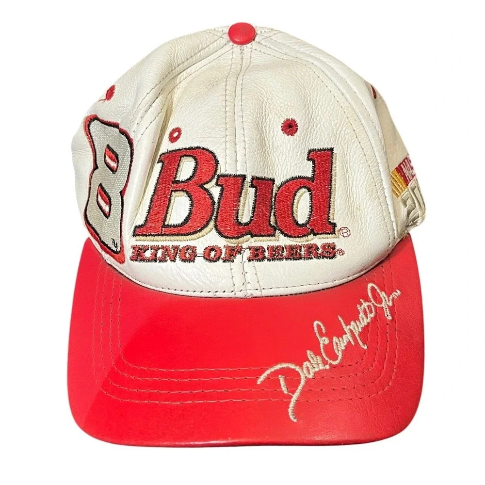 JH Design Budweiser Hat Mens OSFM Red White Leather Dale Earnhardt Jr NASCAR 8